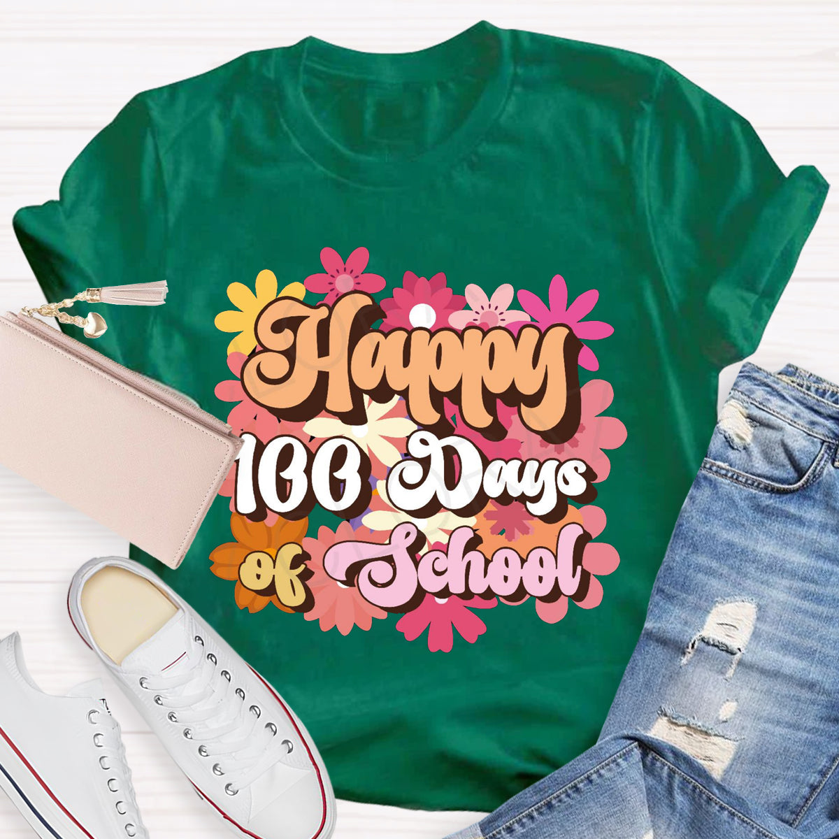 Happy 100 Days Of School Floral Printed T-Shirt