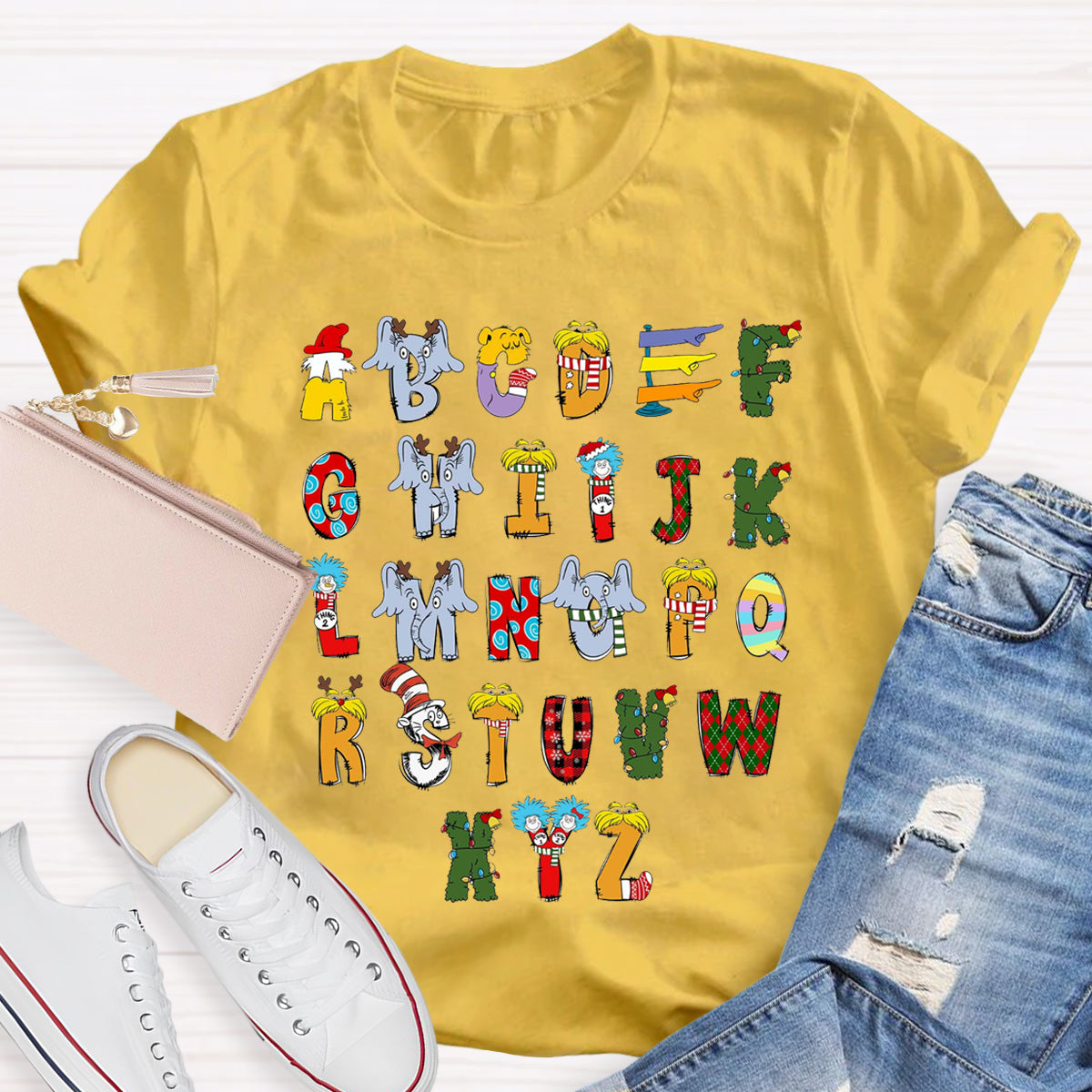 Christmas Doodle Alphabet Cat In The Hat Children's Book Teacher T-Shirt