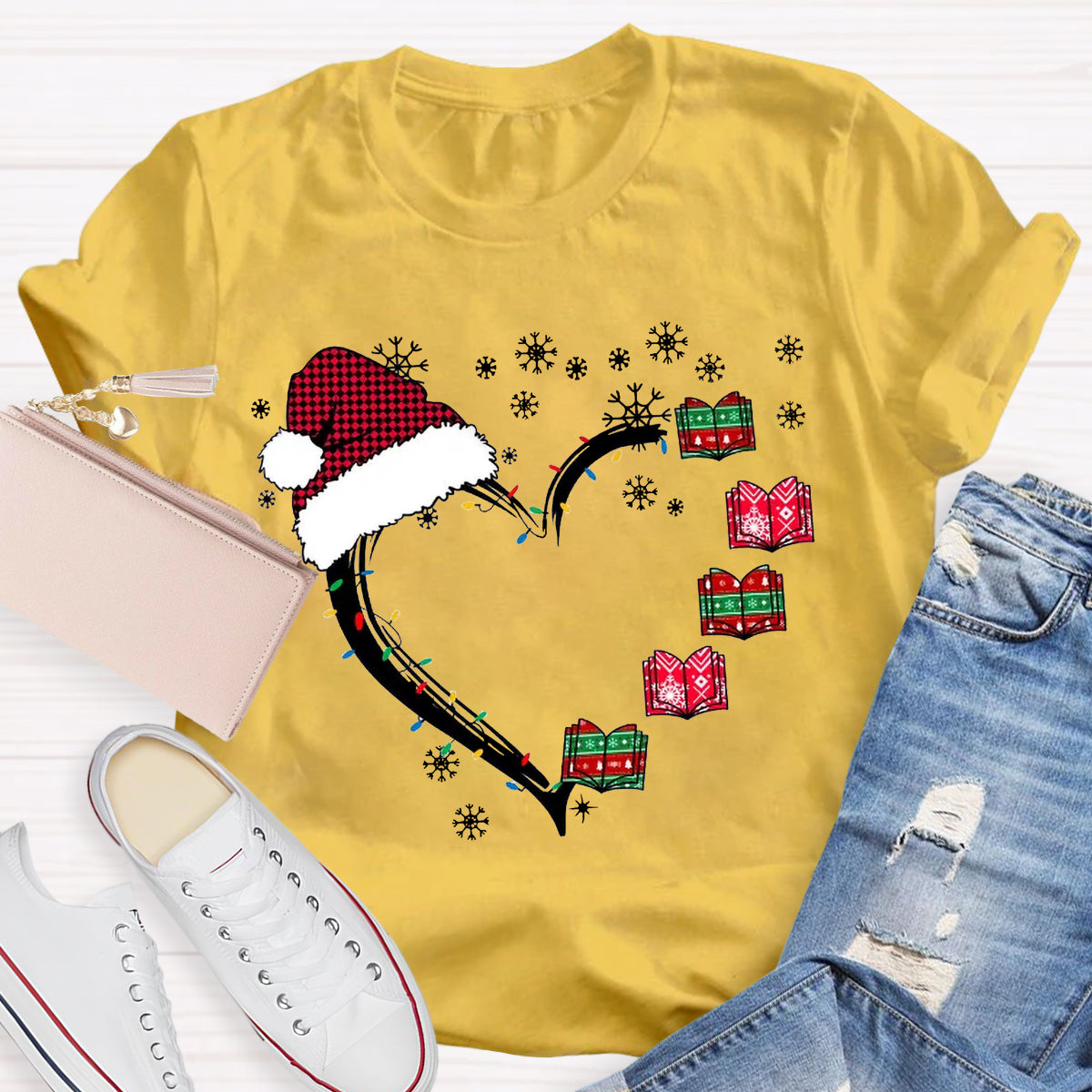 Christmas Books Heart Teacher T-Shirt