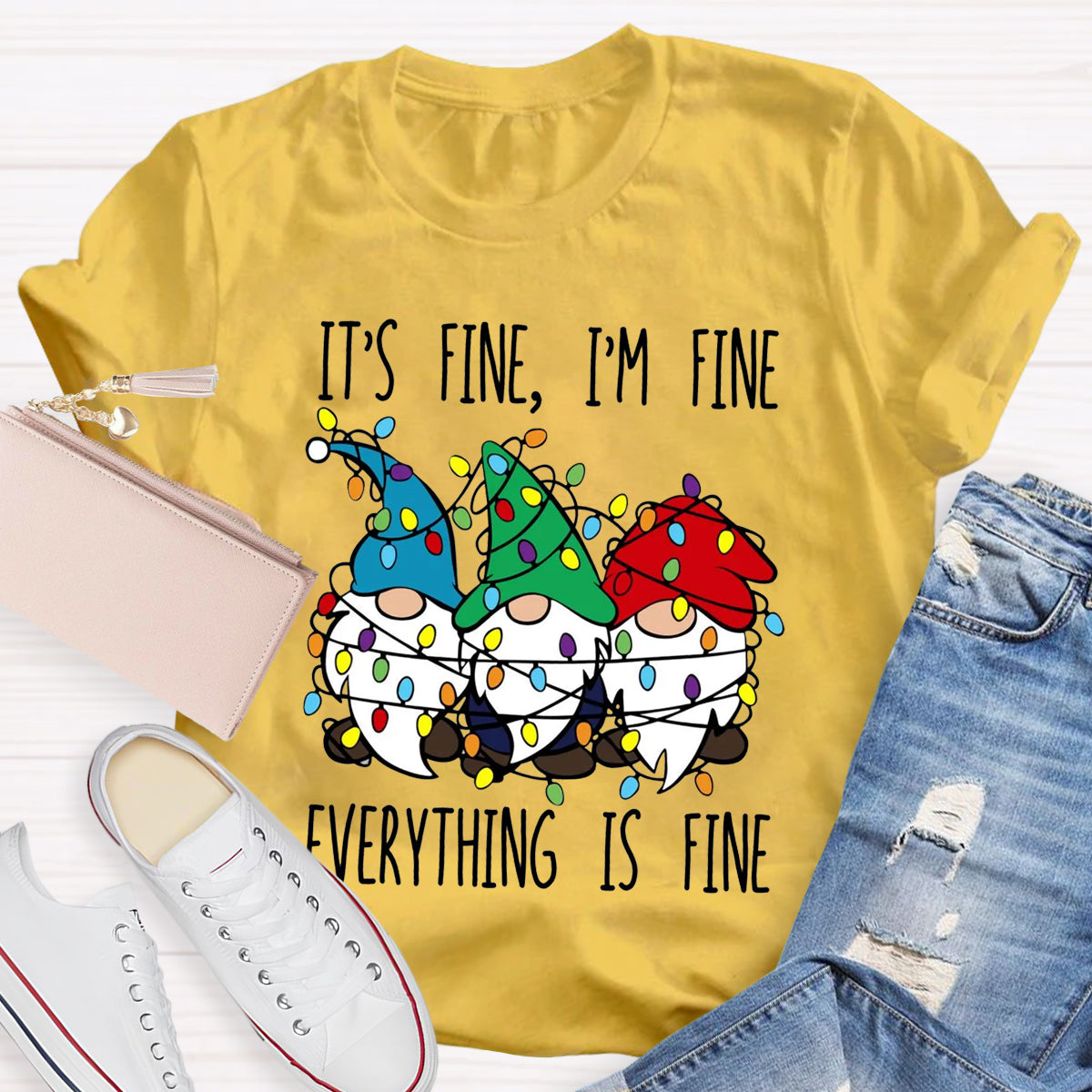 It's Fine I'M Fine Everything Is Fine Three Gnomes Christmas T-Shirt