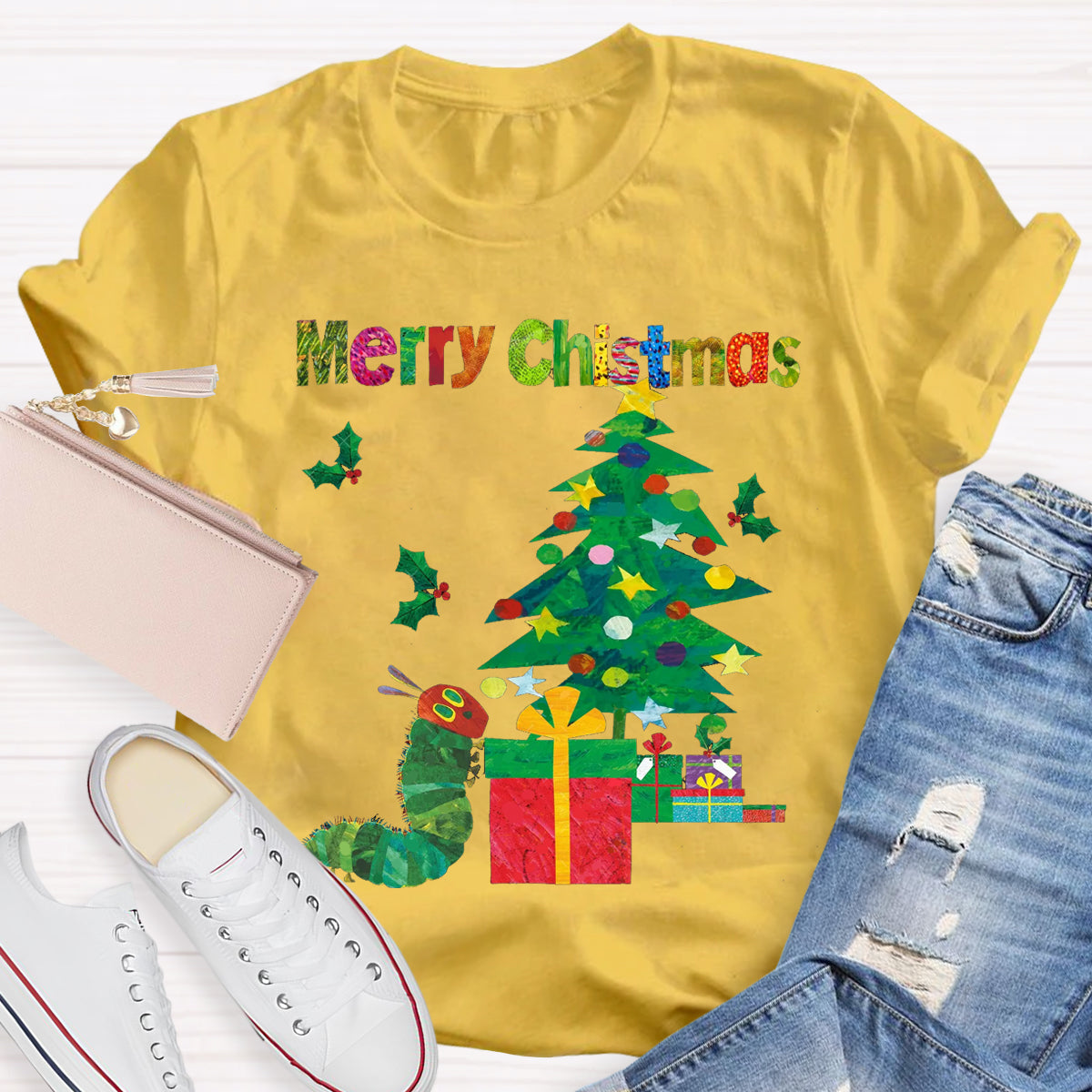 Merry Christmas Caterpillar Crawling Towards Christmas Tree T-Shirt