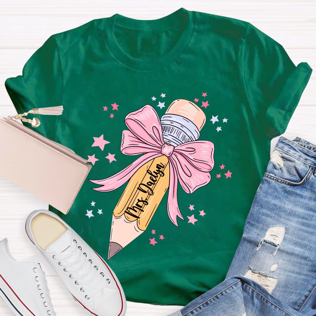 Personalized Name Pink Pencil Teacher T-Shirt