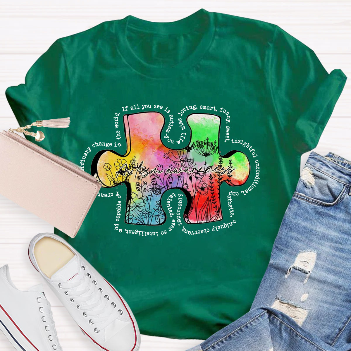 Retro Wildflower Colorful Autism Puzzle Design T-Shirt