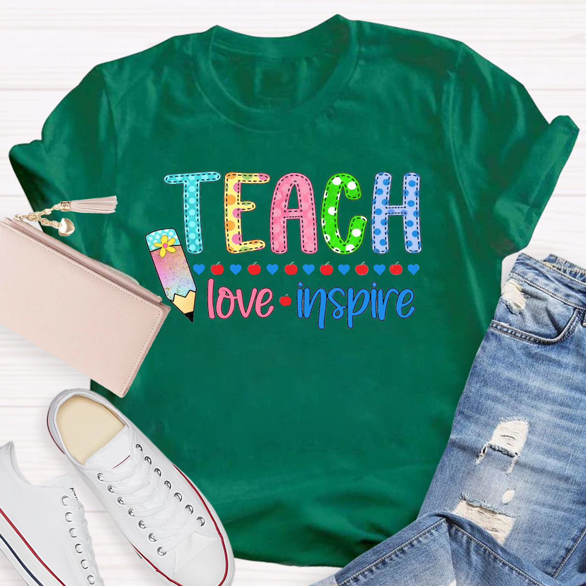 Teach Love Inspire Pencil Apple Printed T-Shirt