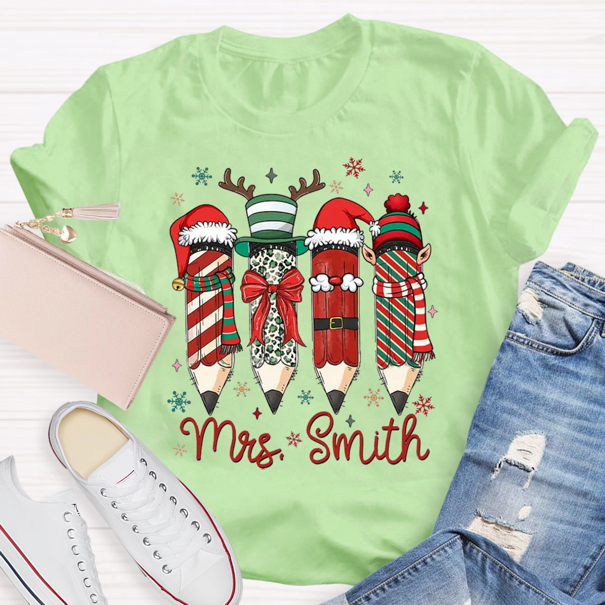 Personalized Name Cute Christmas Pencil Teacher T-Shirt