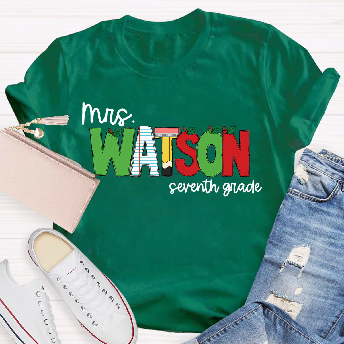 Personalized Name And Grade Green Red Color Block Teacher T-Shirt