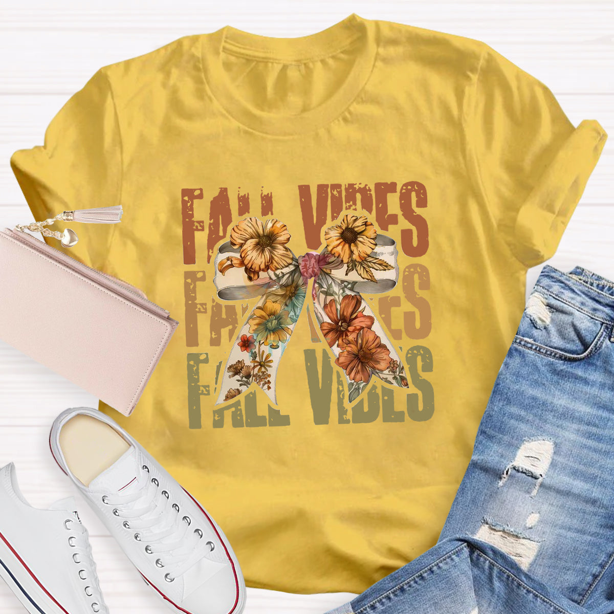 Bow Flowers Thanksgiving Autumn Fall Vibes T-Shirt