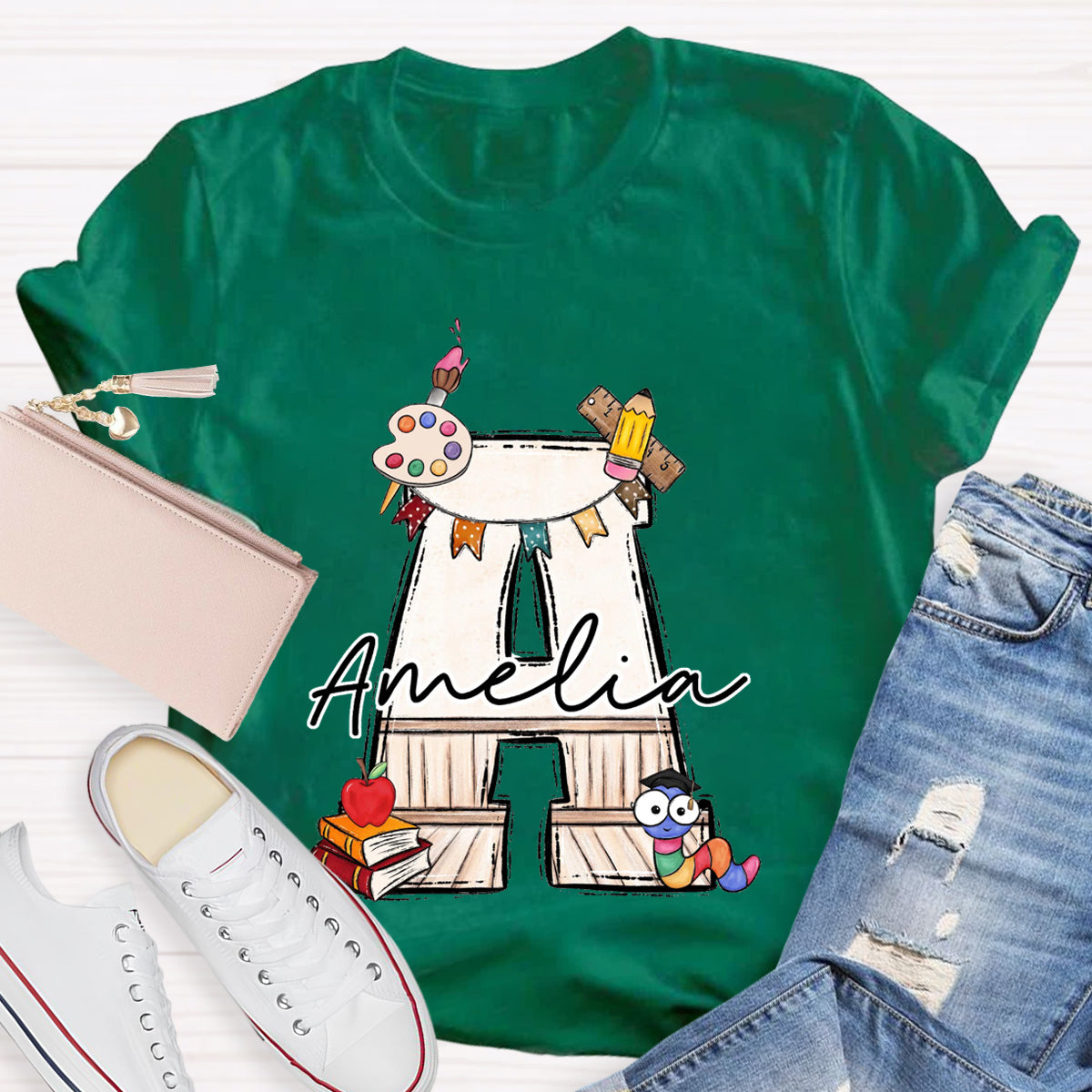 Personalized Name Drawing board And Caterpillar Teacher T-Shirt