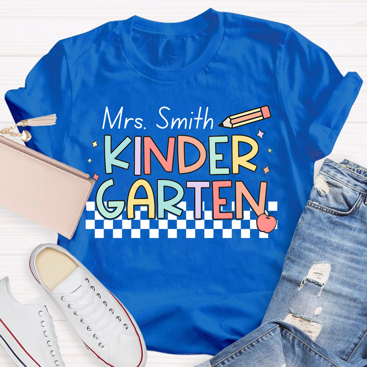 Personalized Name And Grade Checkerboard Teacher T-Shirt
