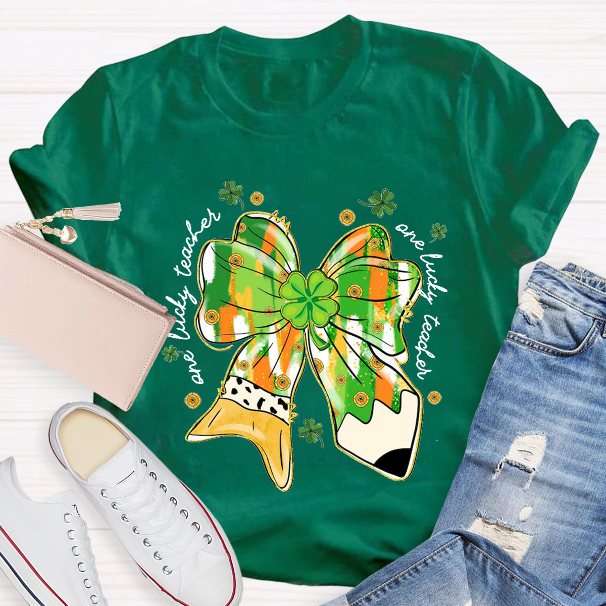 One Lucky Teacher Green Bow T-Shirt