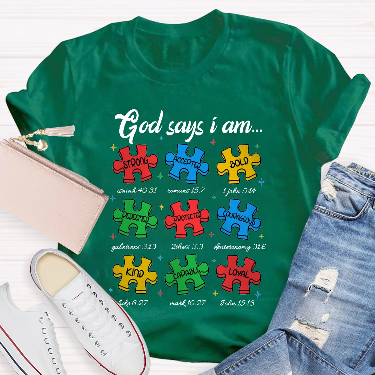 God Says I am Strong Puzzle Pieces Autism T-Shirt