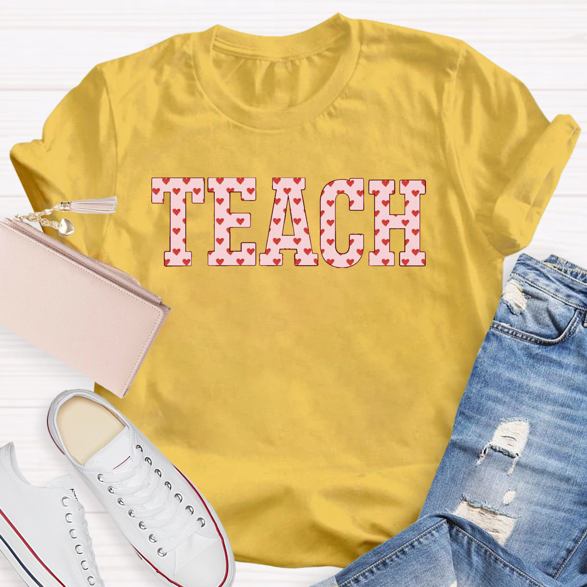 Pink Heart Teach Teacher T-Shirt