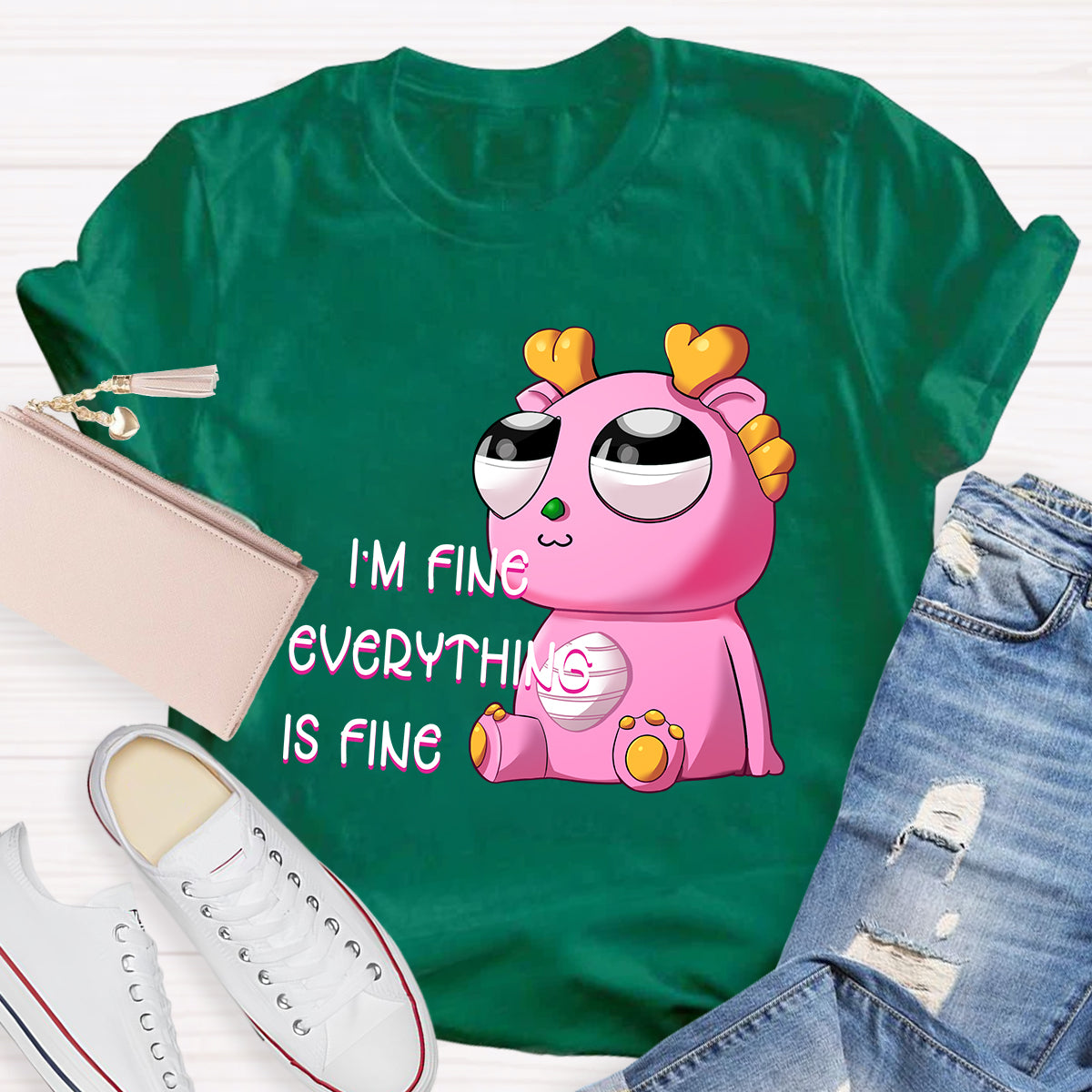 I'm Fine Everything is Fine  Pink Big Eyes Dragon T-Shirt