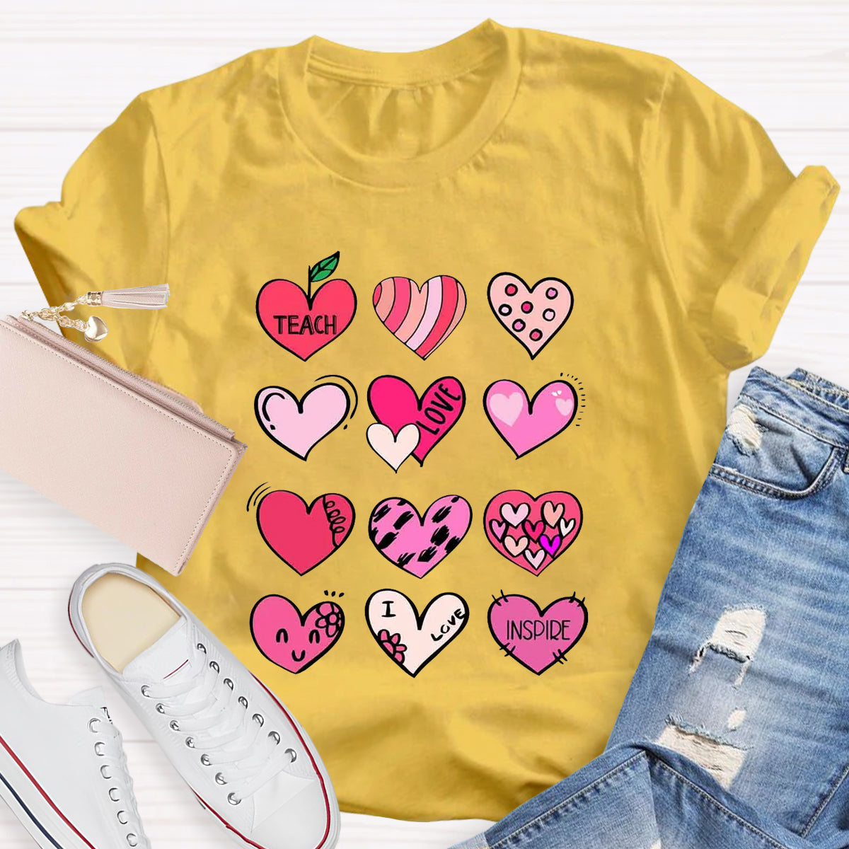 Cartoon Hearts Teach Love Inspire Teacher T-Shirt