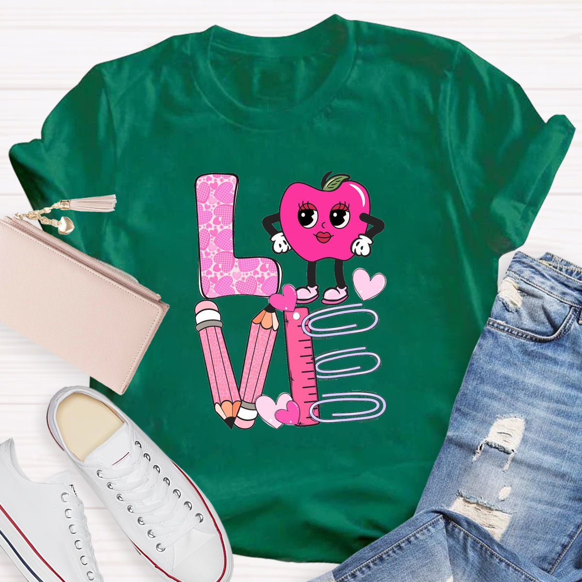 Pink Apple Love Teacher T-Shirt