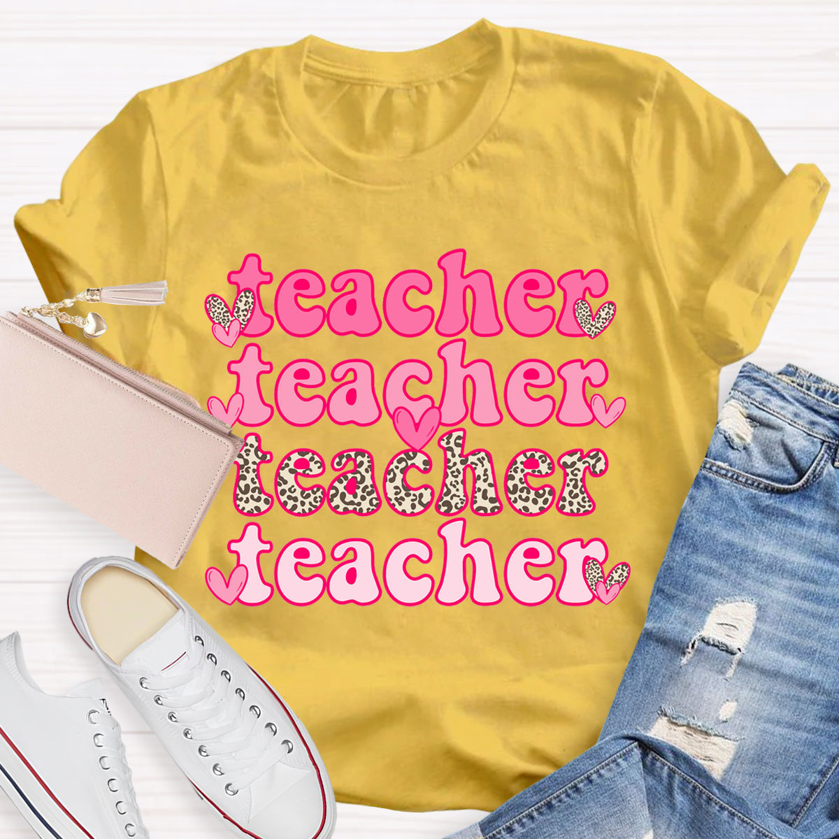 Valentine's Day Pink Leopard Teacher T-Shirt