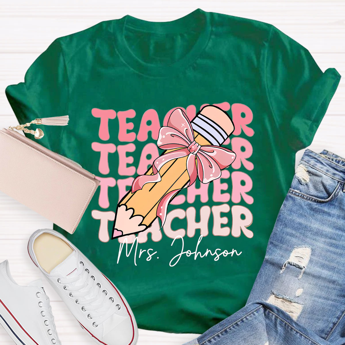 Personalized Name Pink Pencil Teacher Mrs Johnson T-Shirt