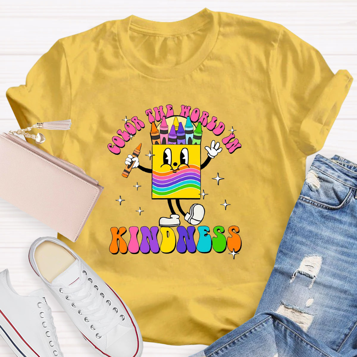 Color The World In Kindness Crayon Pencil Teacher T-Shirt