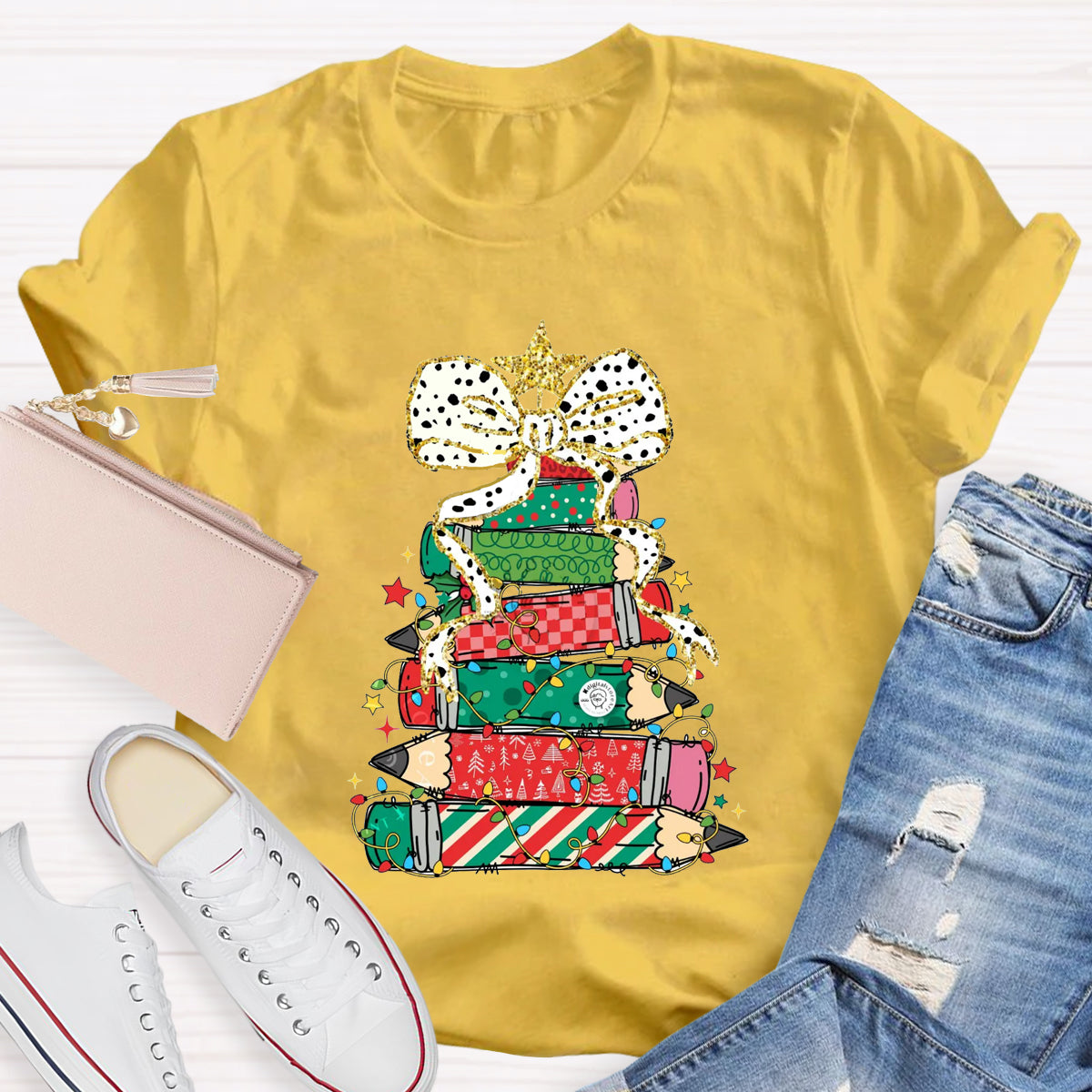 Pencil Tree  Bow Teacher T-Shirt