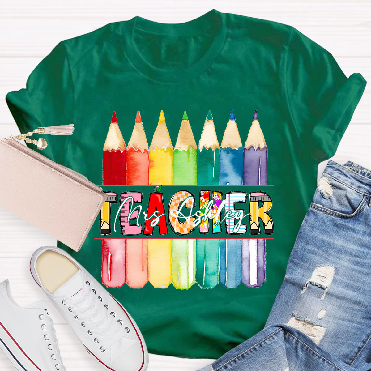 Personalized Teacher's Name Colorful Pencil T-Shirt