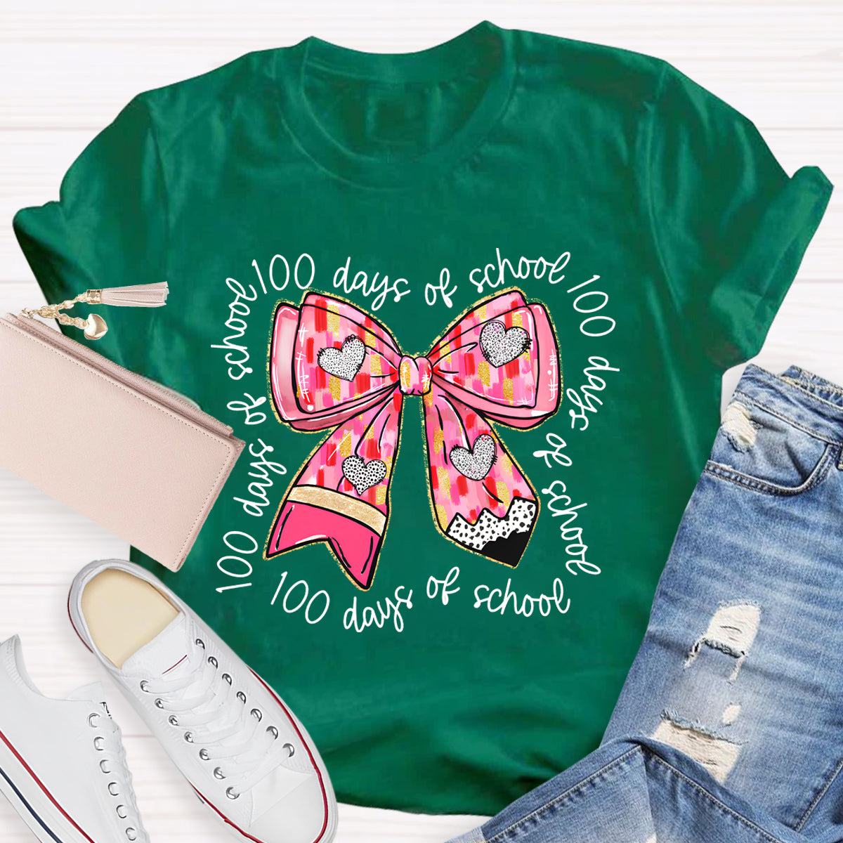 100 Days Of School Teacher Pink Bow T-Shirt