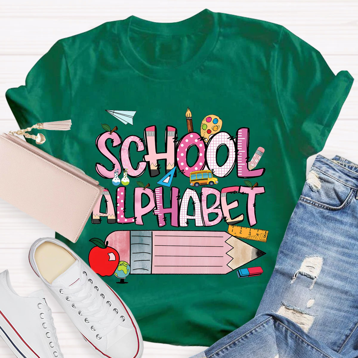 School Alphabet Pink Pencil Teacher T-Shirt