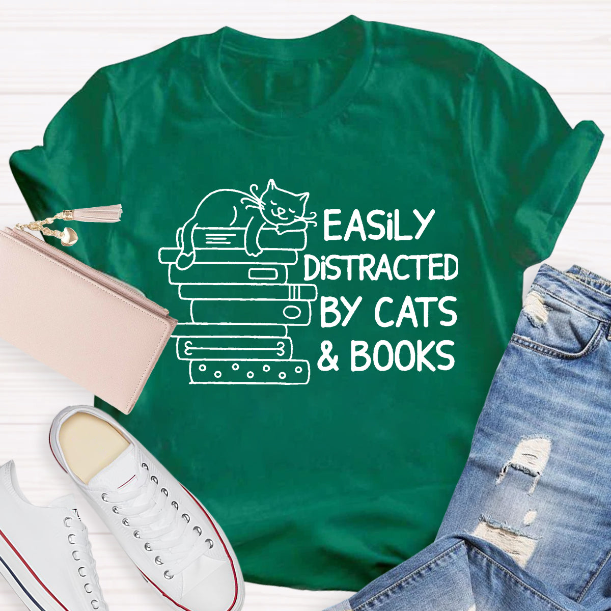 Easily Distracted By Cats And Books Teacher T-Shirt