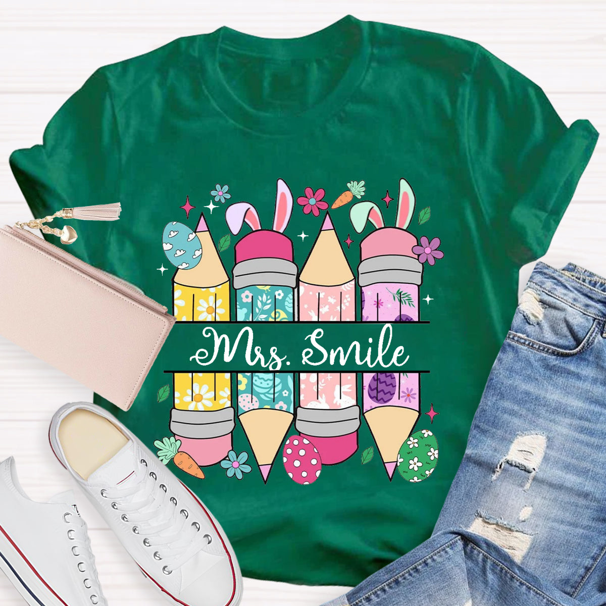 Personalized Name Easter Bunny Pencil Teacher T-Shirt