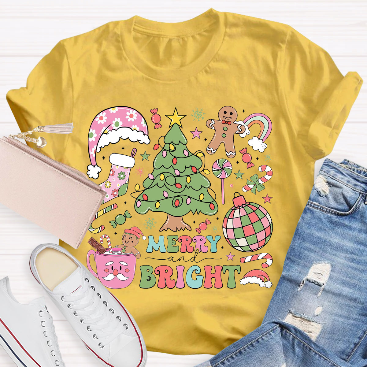 Merry And Bright Christmas Tree Teacher T-Shirt