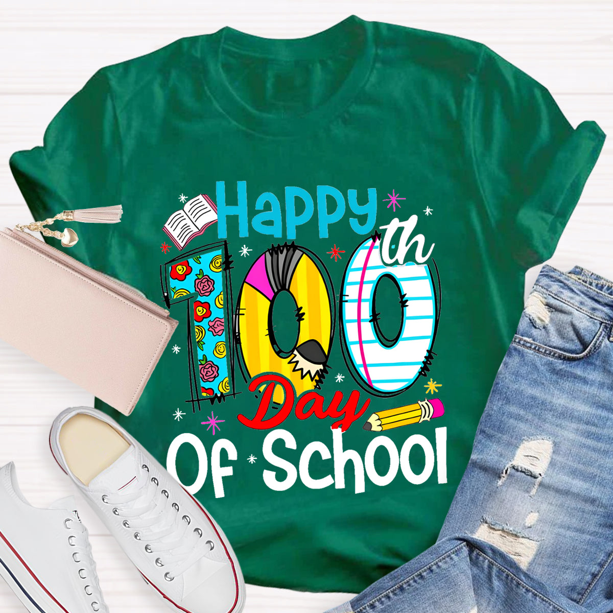 Happy 100th Days Of School Book Pencil T-Shirt