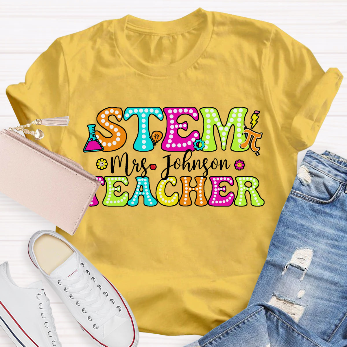 Personalized Name STEM Teachers Colorful Printed T-Shirt