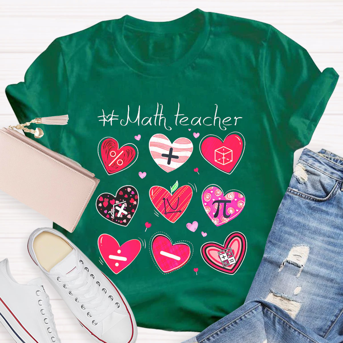 Red Heart Math Symbols Teacher T-Shirt