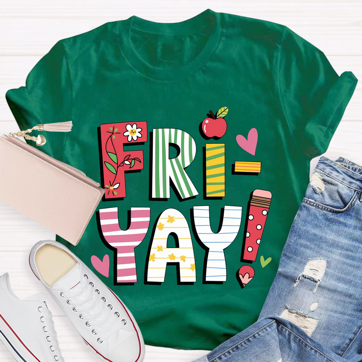 Fri-yay Floral Apple Pencil Teacher T-Shirt