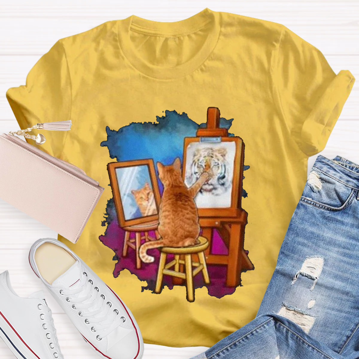 Funny Cat Painting Lion Teacher T-Shirt