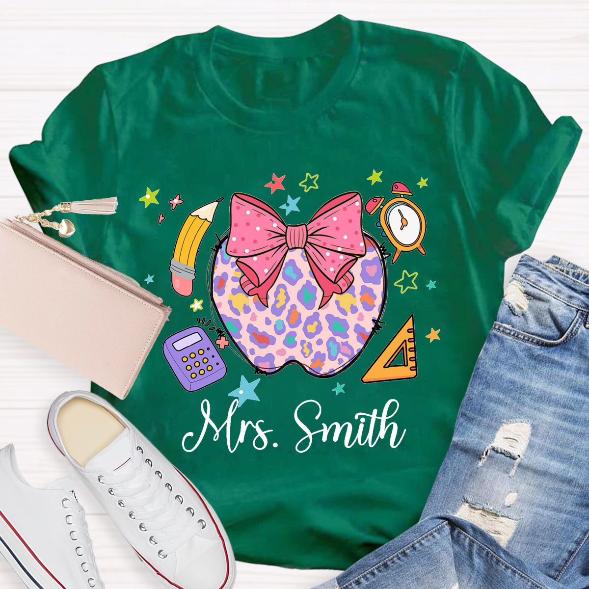 Personalized Name Leopard Apple Teacher T-Shirt