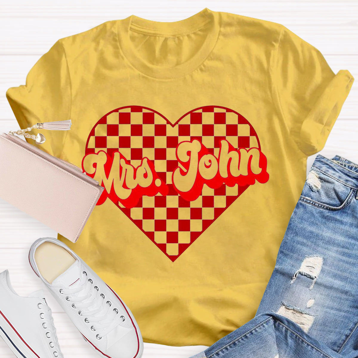 Personalized Name Heart Mrs John Teacher T-Shirt