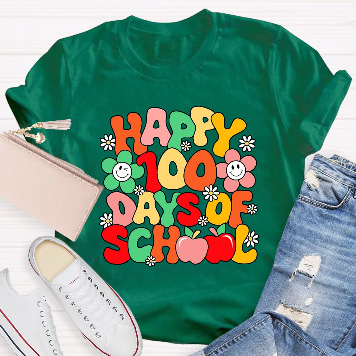 Happy 100 Days Of School Flower Apple T-Shirt