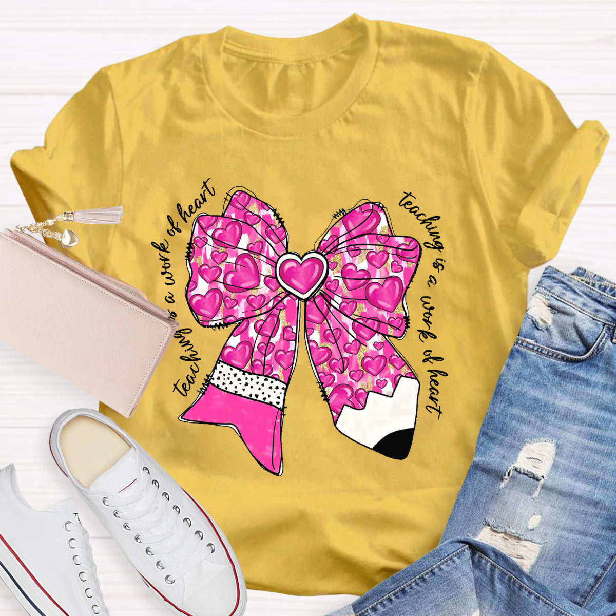 Teaching Is A Work Of Heart Pink Bow Teacher T-Shirt