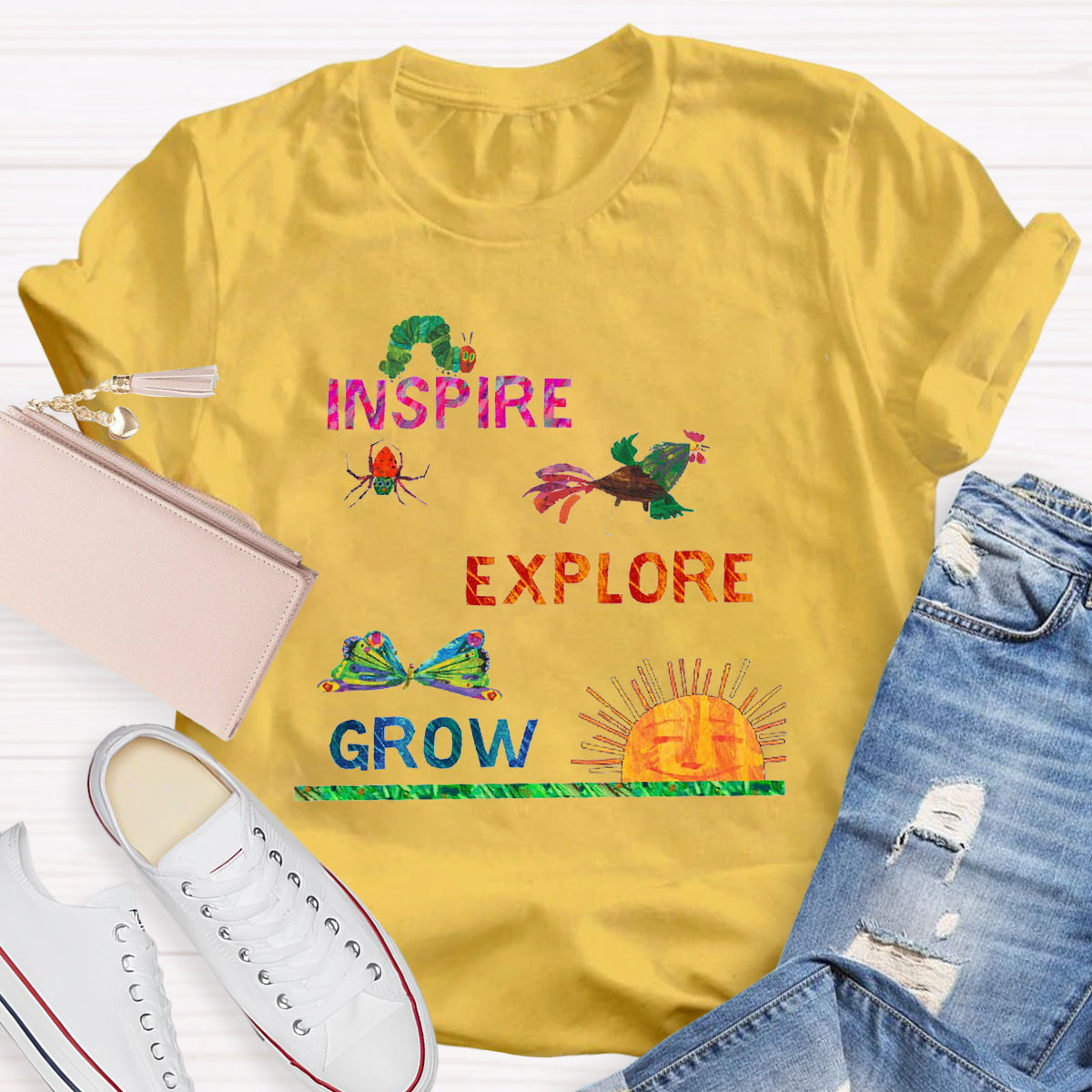 Inspire Explore Grow Caterpillar Grows Colorful Butterfly T-Shirt