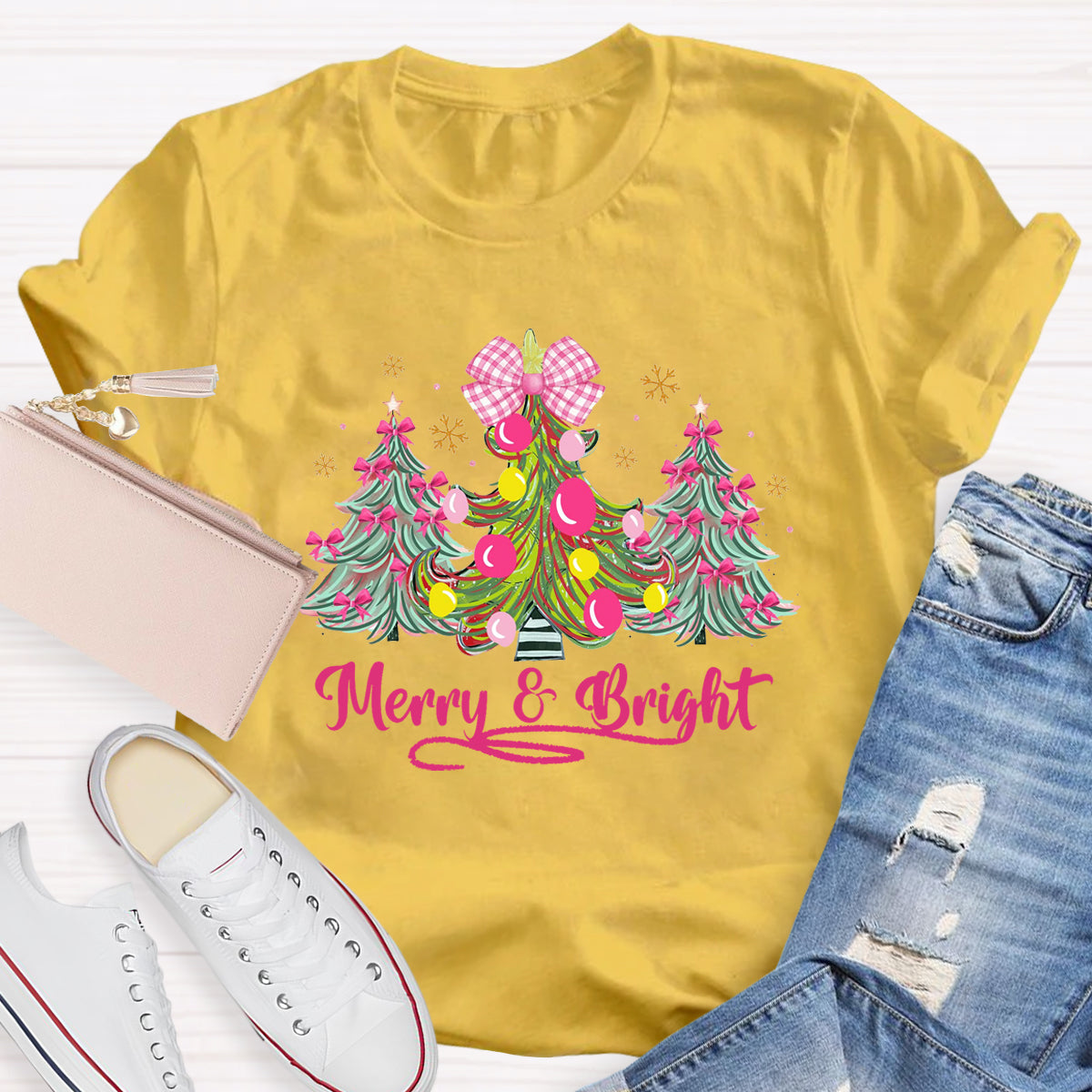 Bow Christmas Tree Merry And Bright Christmas Teacher T-Shirt