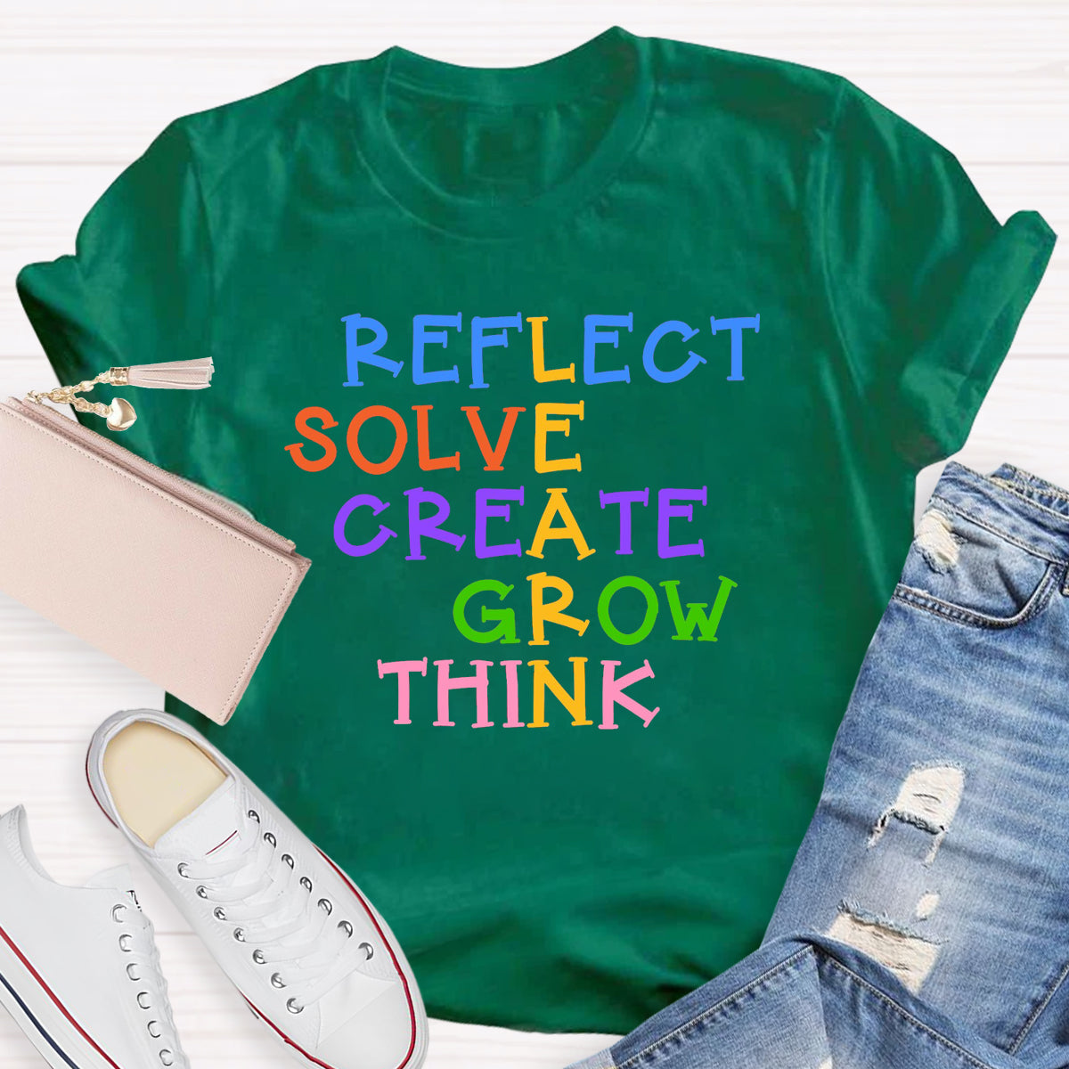 Reflect Solve Create Grow Think Teacher T-Shirt