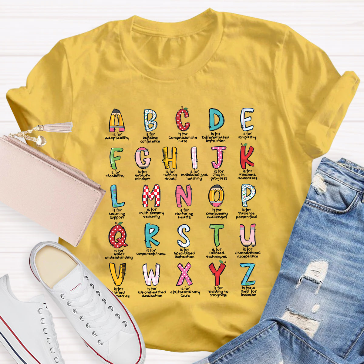 Colorful Plaid Design Alphabet Teacher T-Shirt