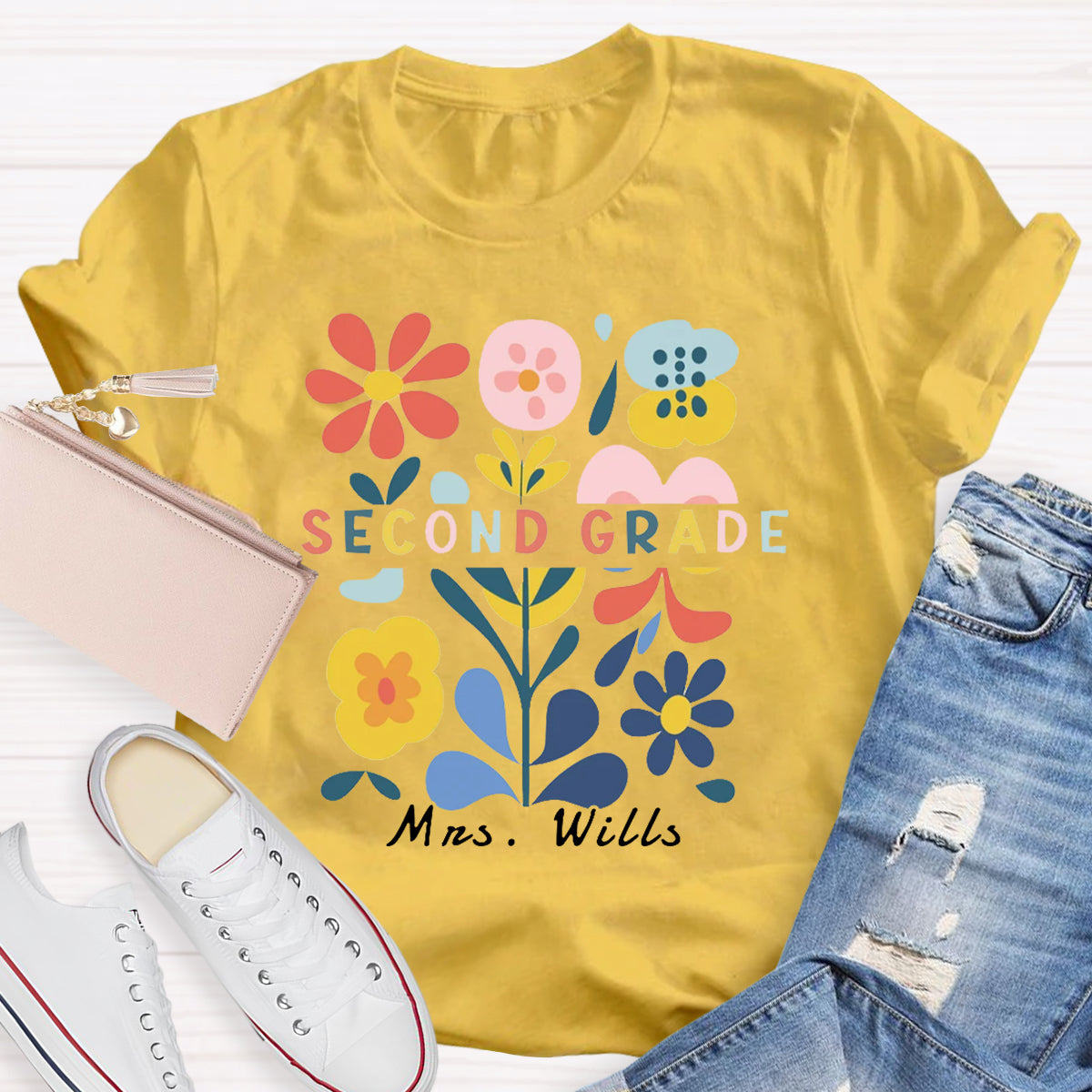 Personalized Name And Grade Floral Teacher T-Shirt