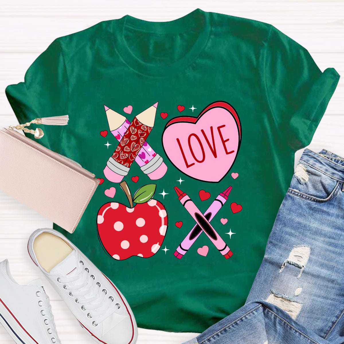 Pink Pencil And Apple Love Teacher T-Shirt