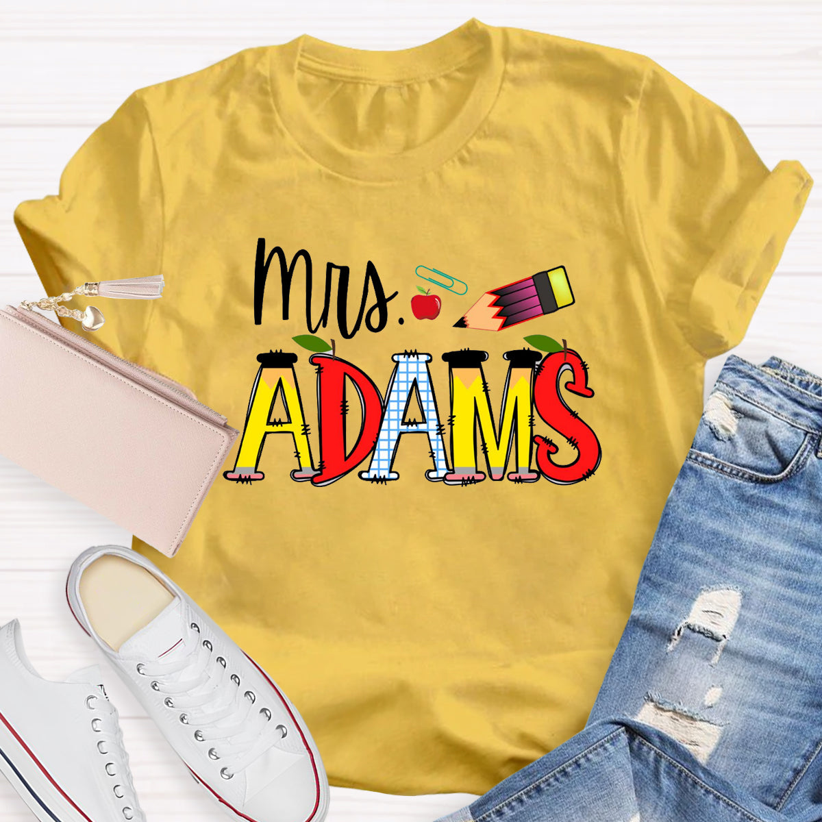 Personalized Teacher Name Apple Pencil T-Shirt