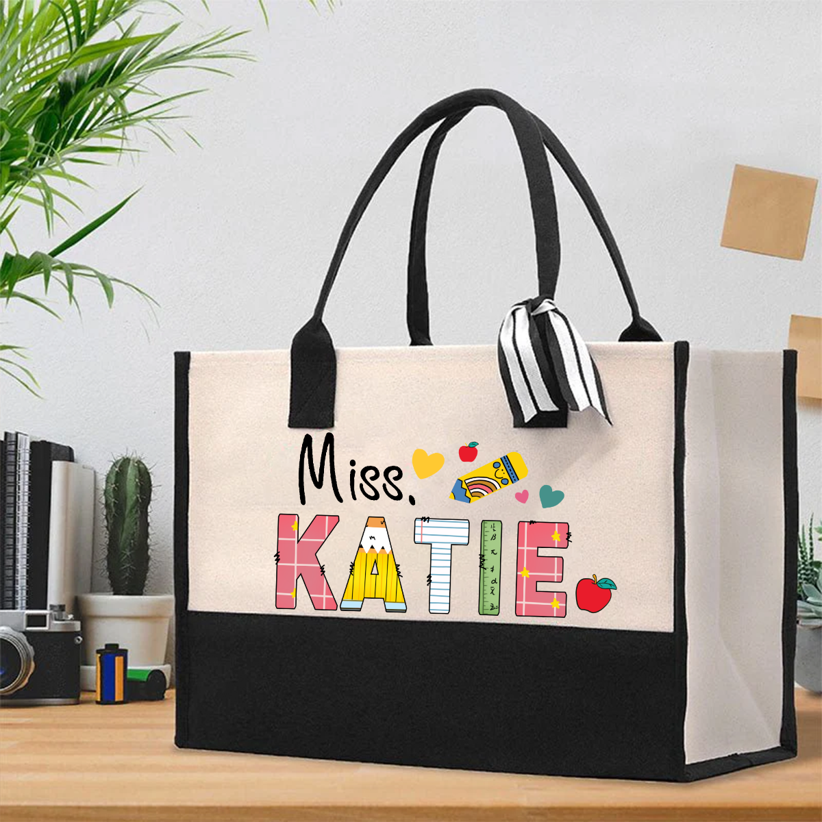 Personalized Name Apple Pencil Teacher Cotton Tote Bag