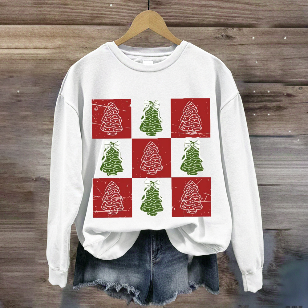 Retro Checkered Christmas Tree Cake Coquette Bow Sweatshirt