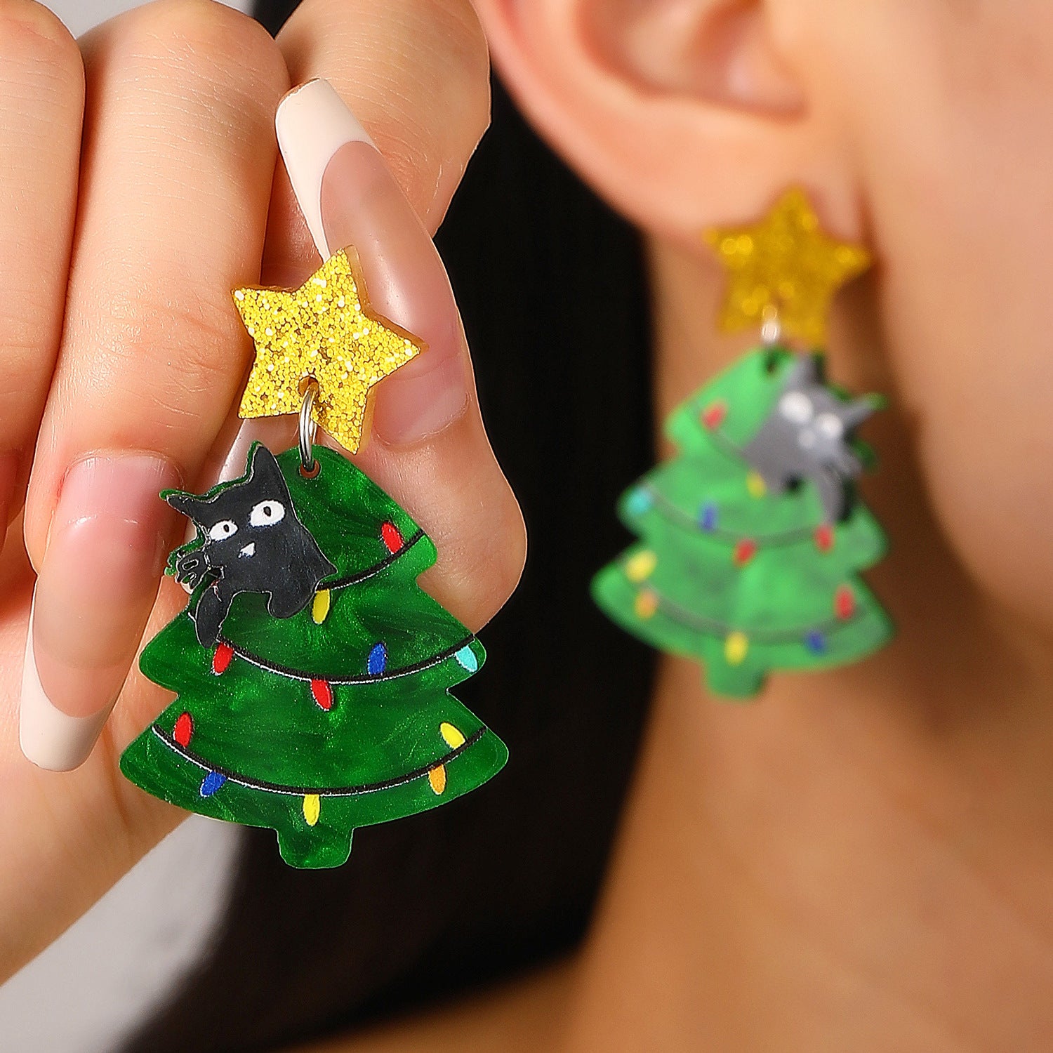 Christmas Tree Kitten Star Acrylic Earrings