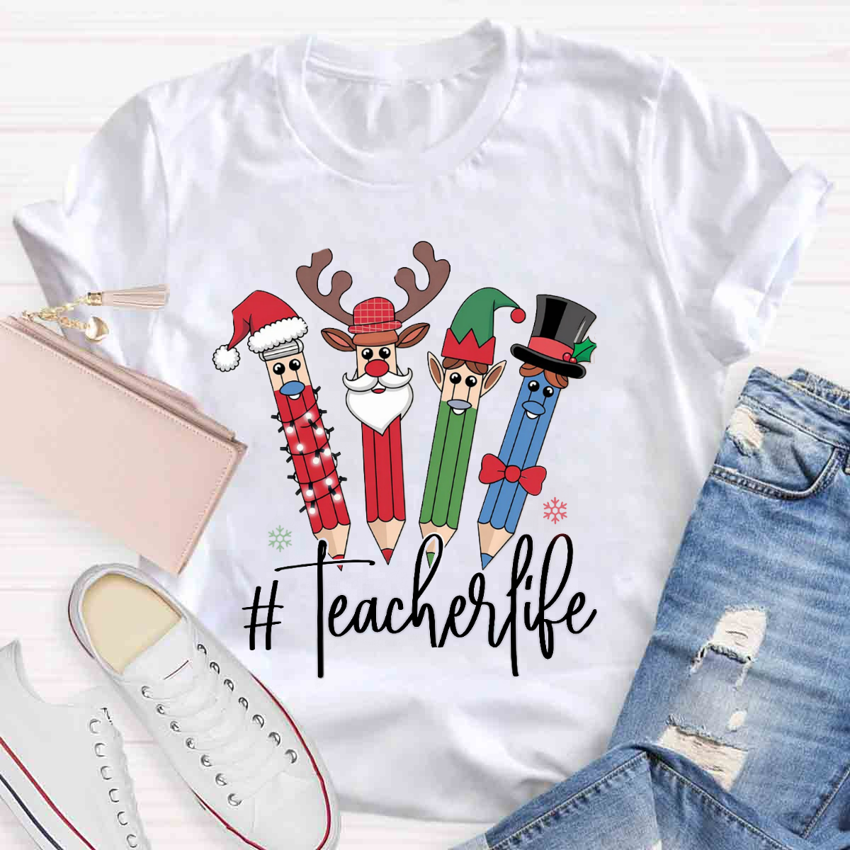 Teacher Life Christmas Pencil Print T-Shirt