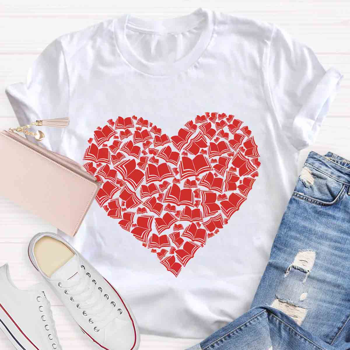 Love Books Valentine Heart Teacher T-Shirt